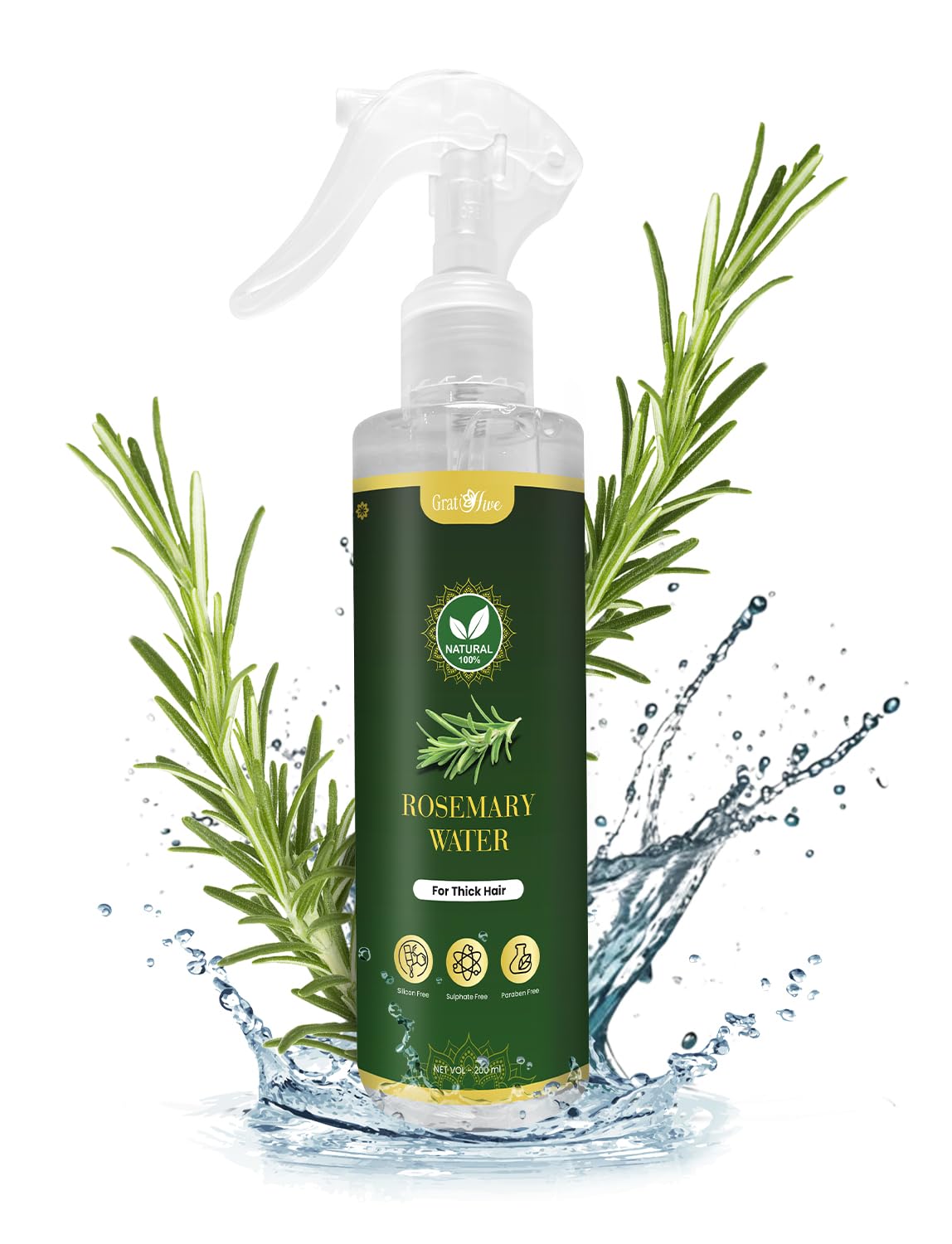 GratiHive Rosemary Hair Spray | 100% Natural Rosemary Water Scalp Revitalizer | Promotes Hair Growth, Reduces Hair Fall, Adds Shine | 200ml