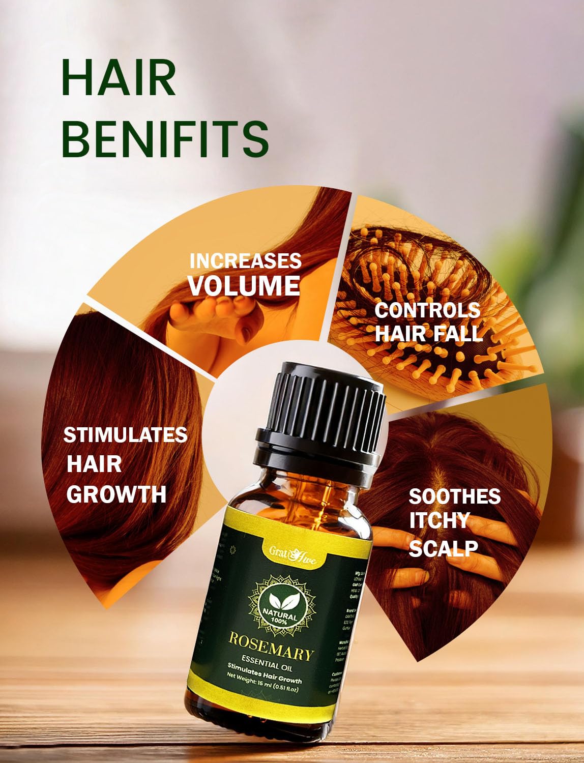 Gratihive 100% Pure Rosemary Essential Oil for Hair - Nourishing Rosemary Oil - 1 Pack Ideal for Women & Men - 15 ml