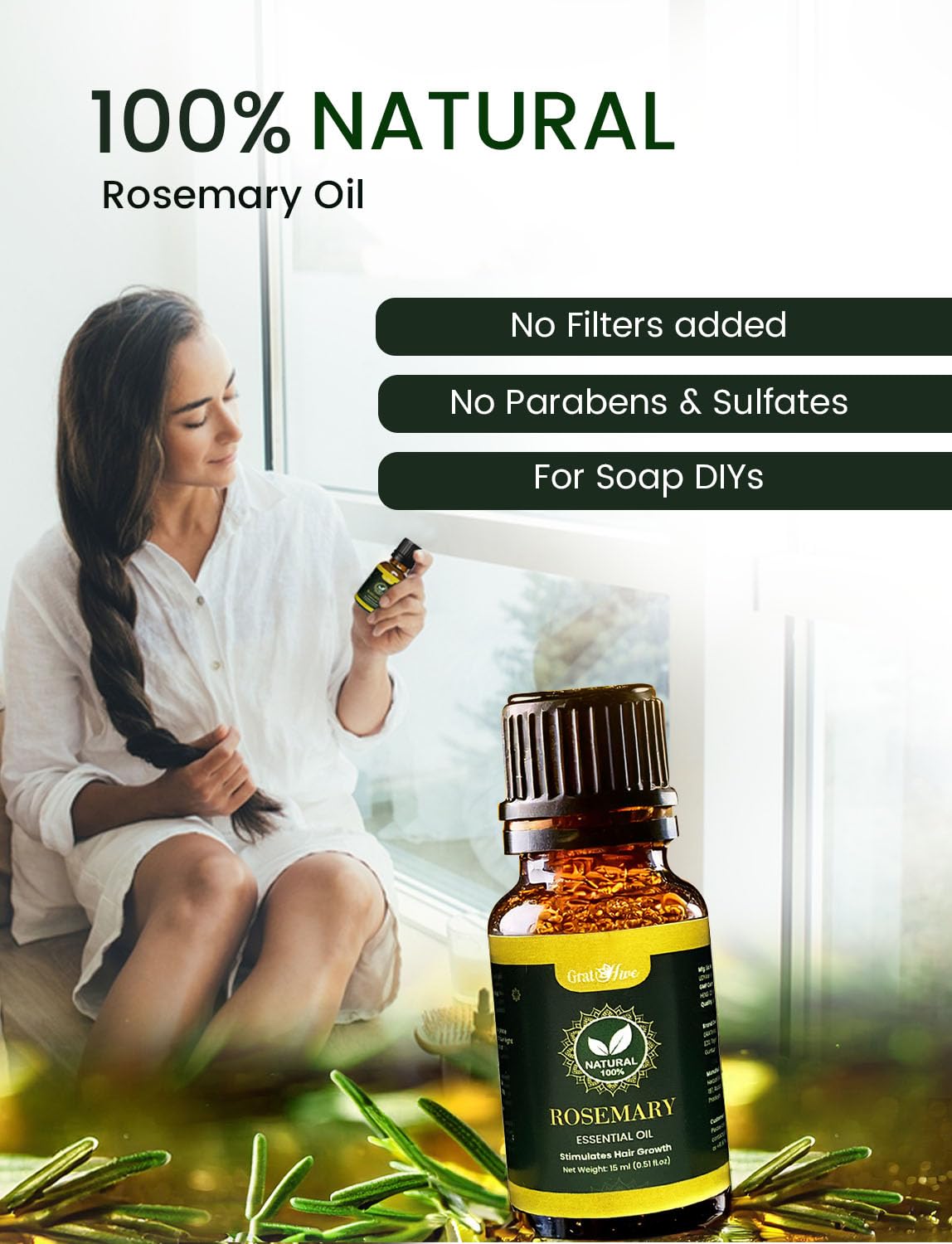Gratihive 100% Pure Rosemary Essential Oil for Hair - Nourishing Rosemary Oil - Ideal for Women & Men - 30 ml
