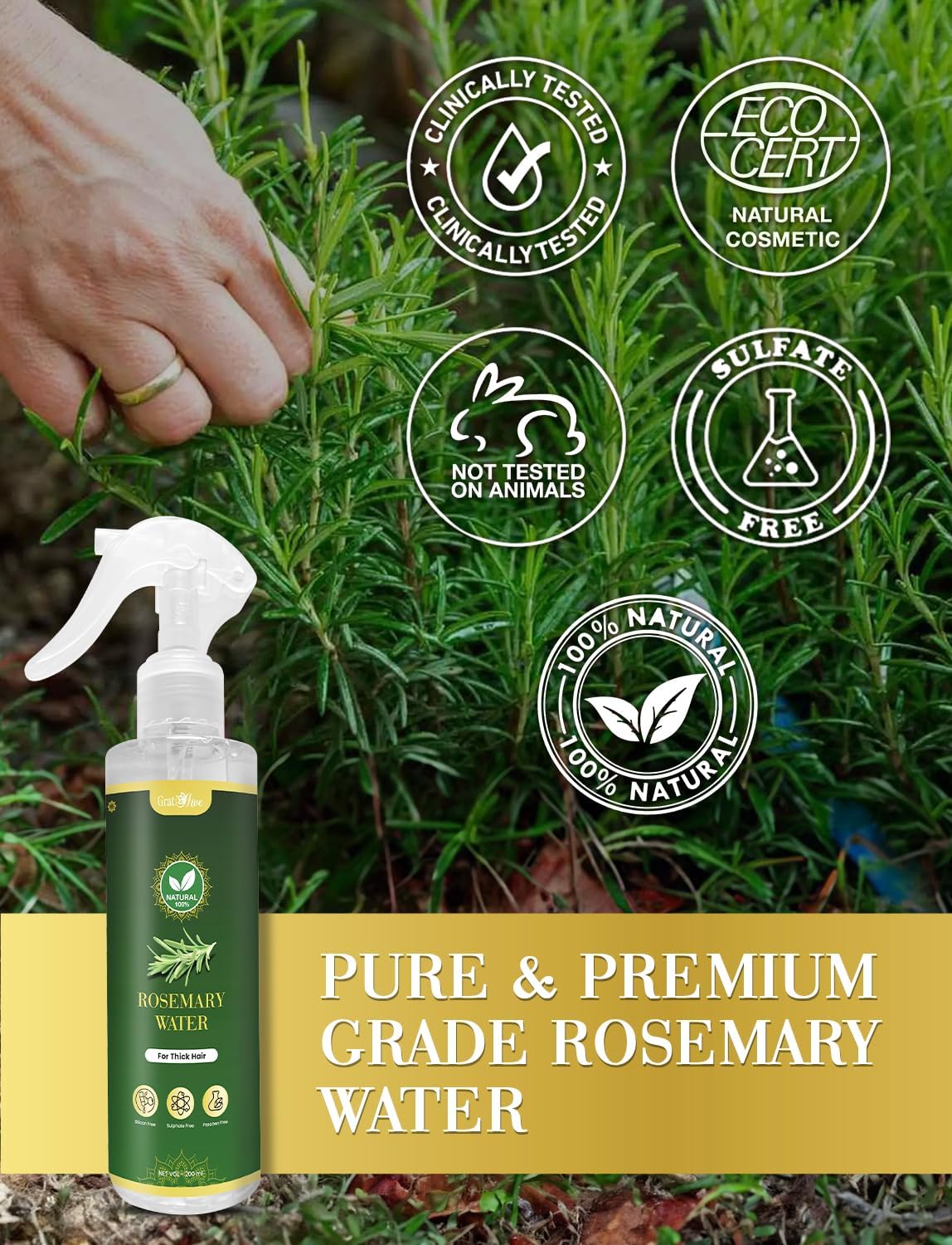 GratiHive Rosemary Hair Spray | 100% Natural Rosemary Water Scalp Revitalizer | Promotes Hair Growth, Reduces Hair Fall, Adds Shine | 200ml