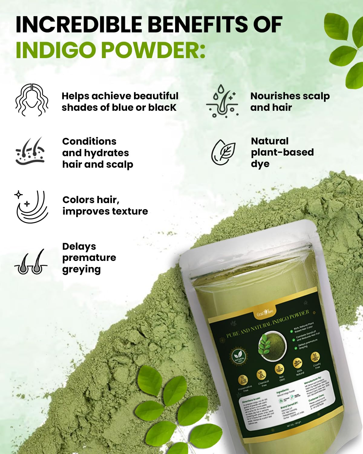 Gratihive Indigo Powder Organic for Hair Black – 100% Pure, Chemical-Free Hair Color for Men & Women, Nourishes, Strengthens & Protects Hair – 200 Grams