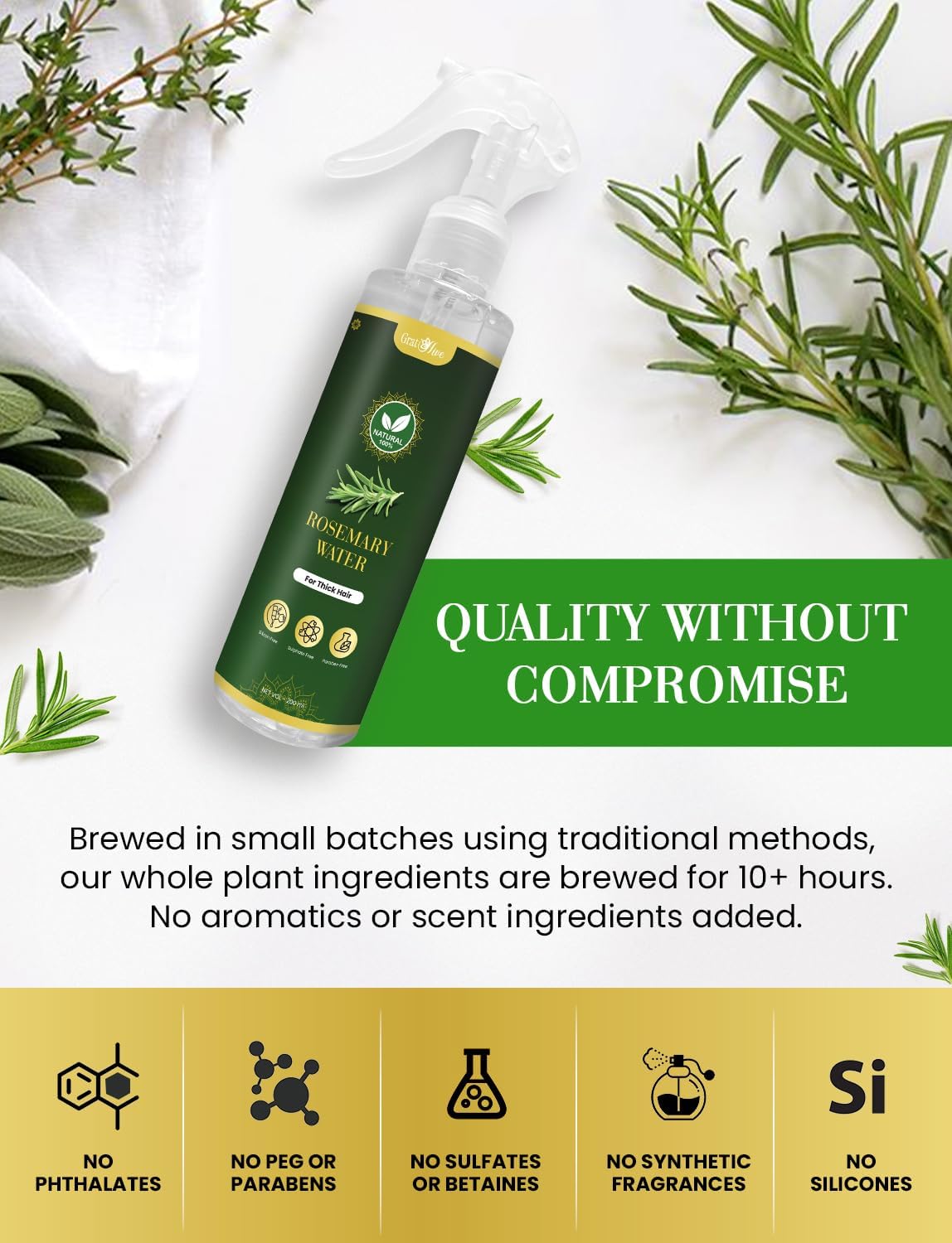 GratiHive Rosemary Hair Spray | 100% Natural Rosemary Water Scalp Revitalizer | Promotes Hair Growth, Reduces Hair Fall, Adds Shine | 200ml