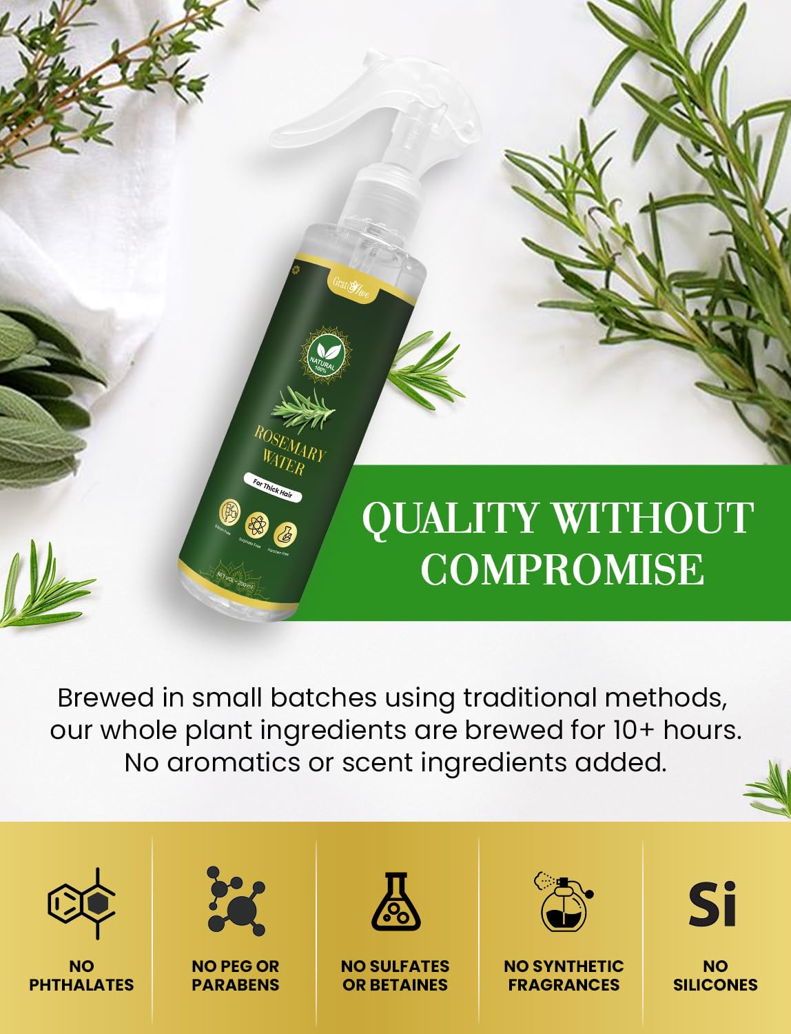 GratiHive Rosemary Hair Spray | 100% Natural Rosemary Water Scalp Revitalizer | Promotes Hair Growth, Reduces Hair Fall, Adds Shine | 200ml
