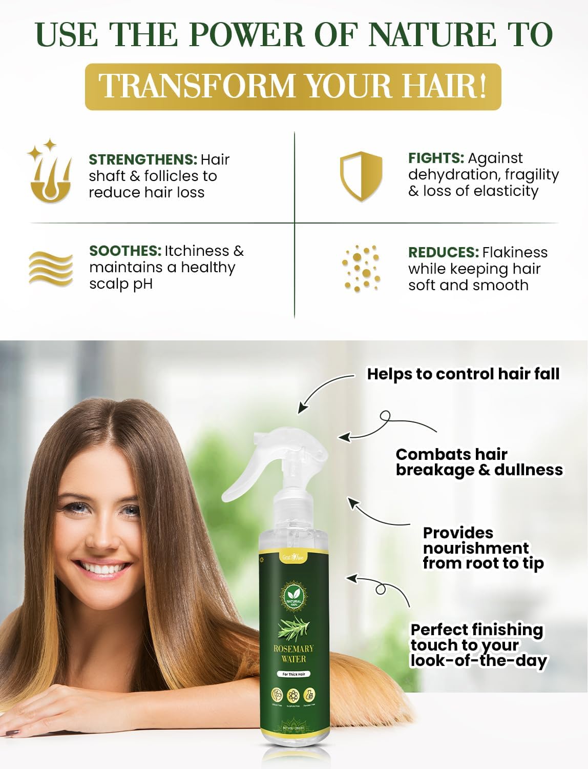 GratiHive Rosemary Hair Spray | 100% Natural Rosemary Water Scalp Revitalizer | Promotes Hair Growth, Reduces Hair Fall, Adds Shine | 200ml
