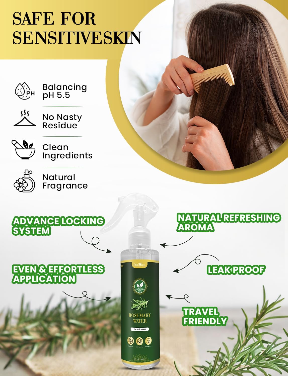 GratiHive Rosemary Hair Spray | 100% Natural Rosemary Water Scalp Revitalizer | Promotes Hair Growth, Reduces Hair Fall, Adds Shine | 200ml