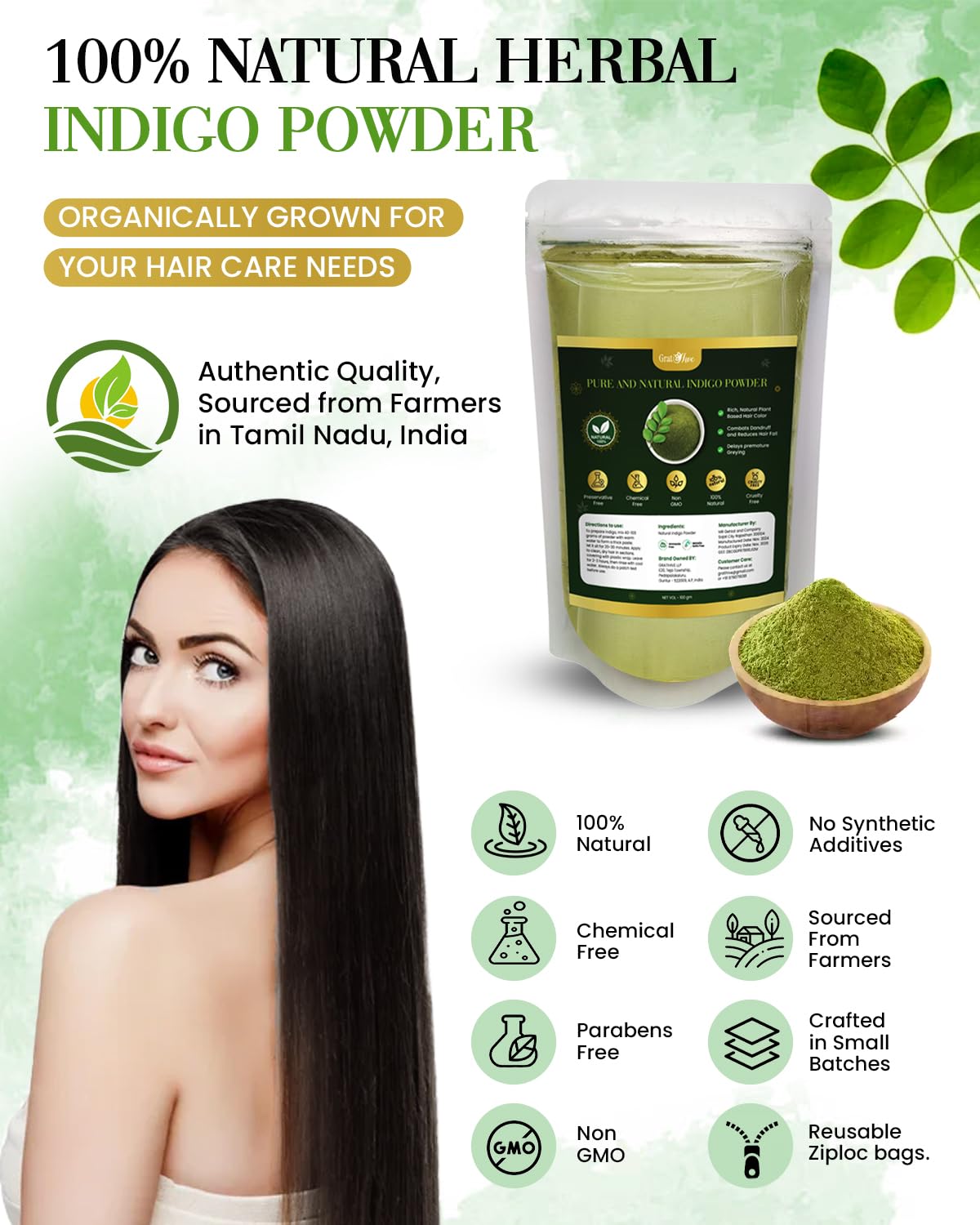 Gratihive Indigo Powder Organic for Hair Black – 100% Pure, Chemical-Free Hair Color for Men & Women, Nourishes, Strengthens & Protects Hair – 200 Grams