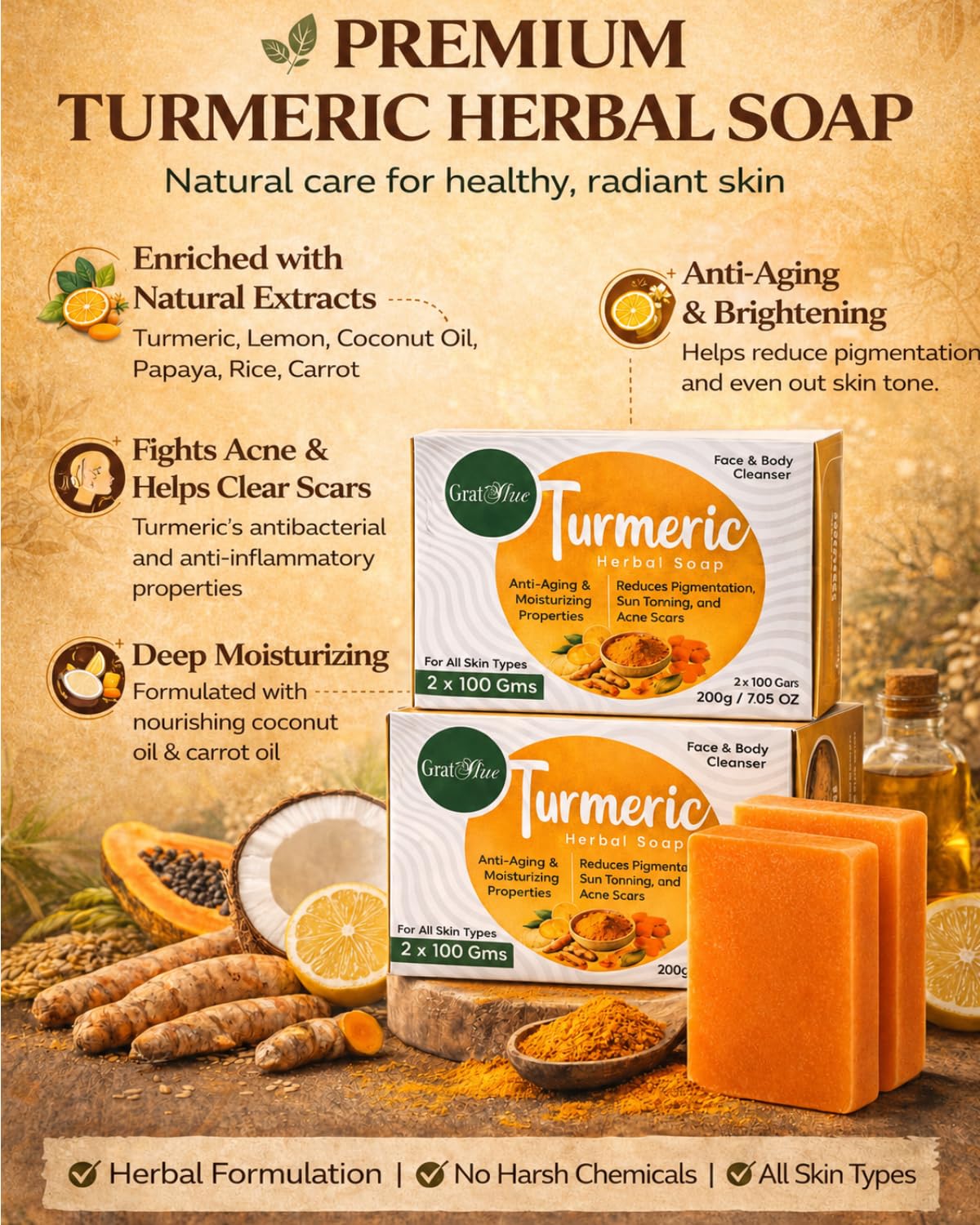 Turmeric Soap for Dark Spots with Lemon, Papaya & Rice Extracts - Turmeric Soap Bar for Advanced Daily Cleansing - Helps reduce tan, pigmentation & blemishes - (100g x 2-Pack)