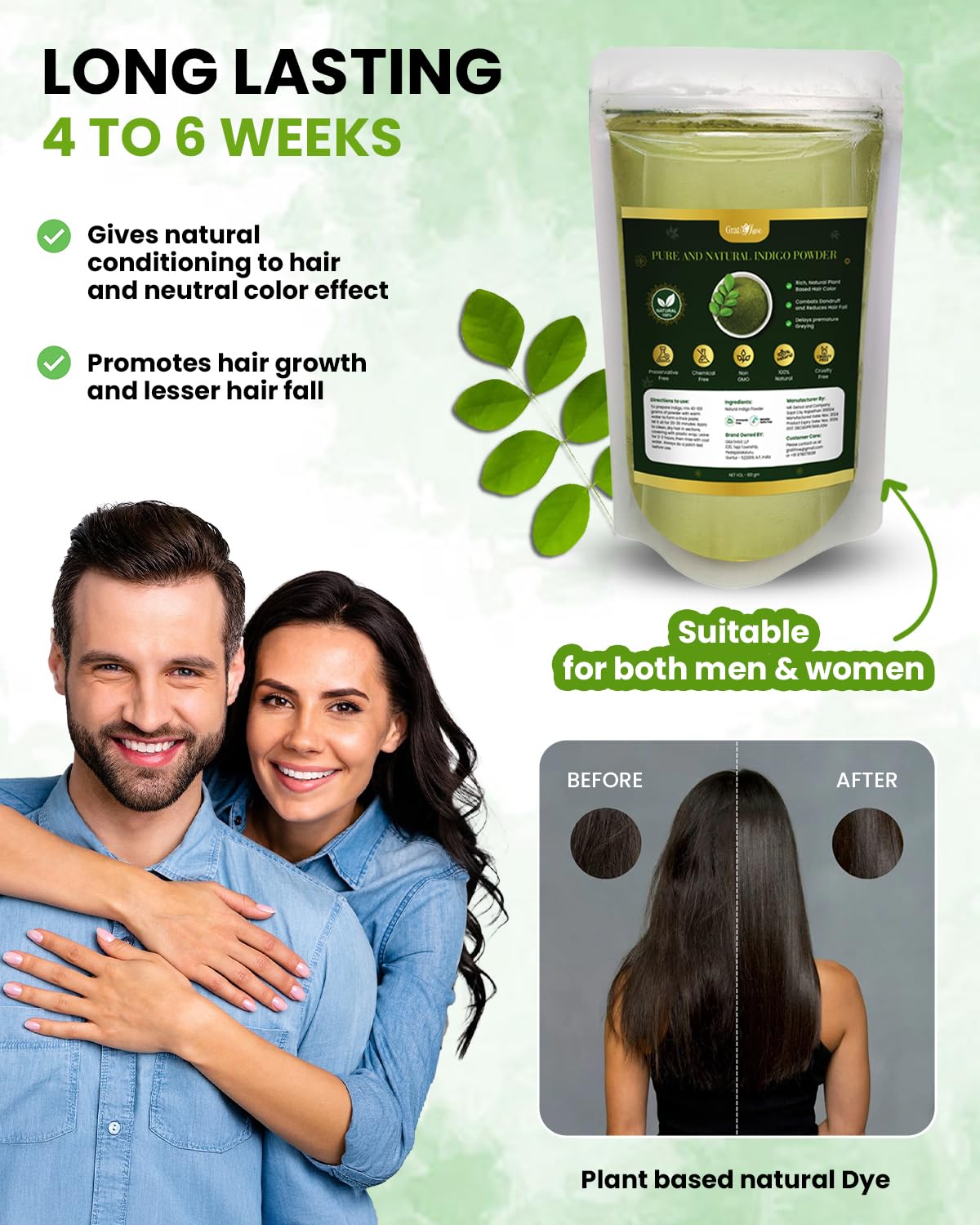 Gratihive Indigo Powder Organic for Hair Black – 100% Pure, Chemical-Free Hair Color for Men & Women, Nourishes, Strengthens & Protects Hair – 200 Grams