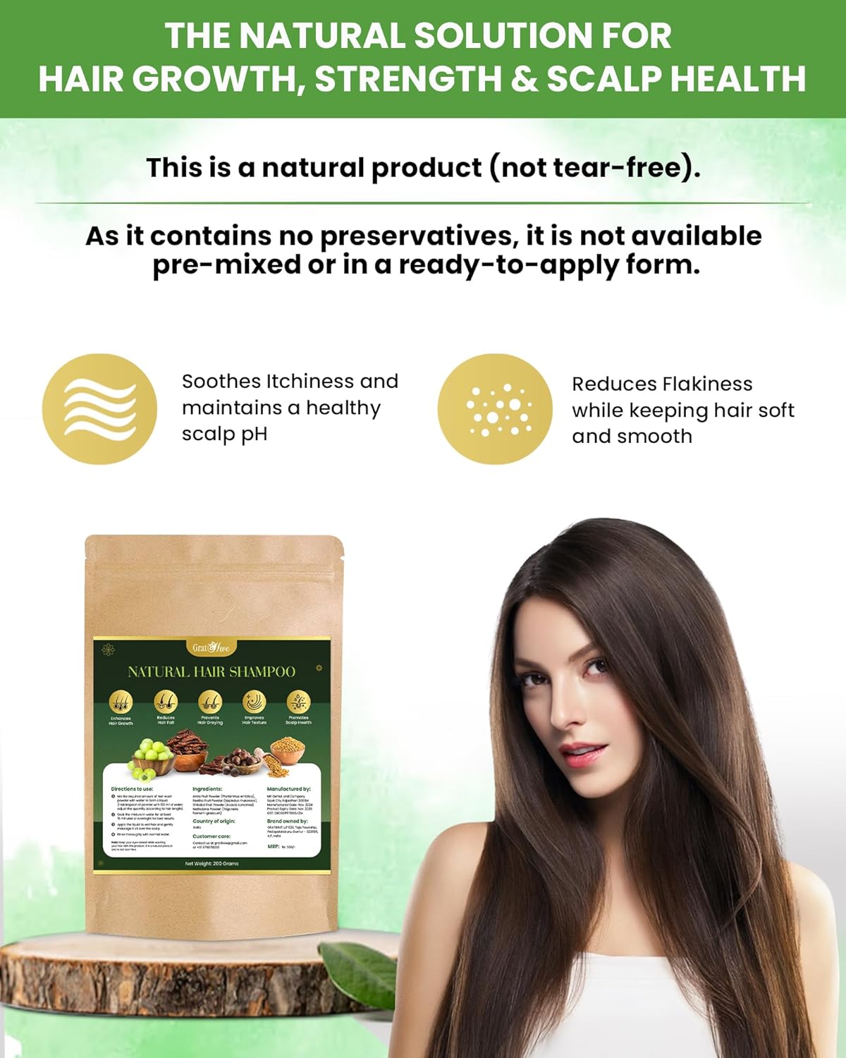 Gratihive Natural Shampoo for Hair Growth – Amla Reetha Shikakai & methi Dana, 100% Organic, Herbal Formula Chemical-Free, Gentle for All Hair Types – Promotes Hair Growth & Scalp Health – 200 Grams