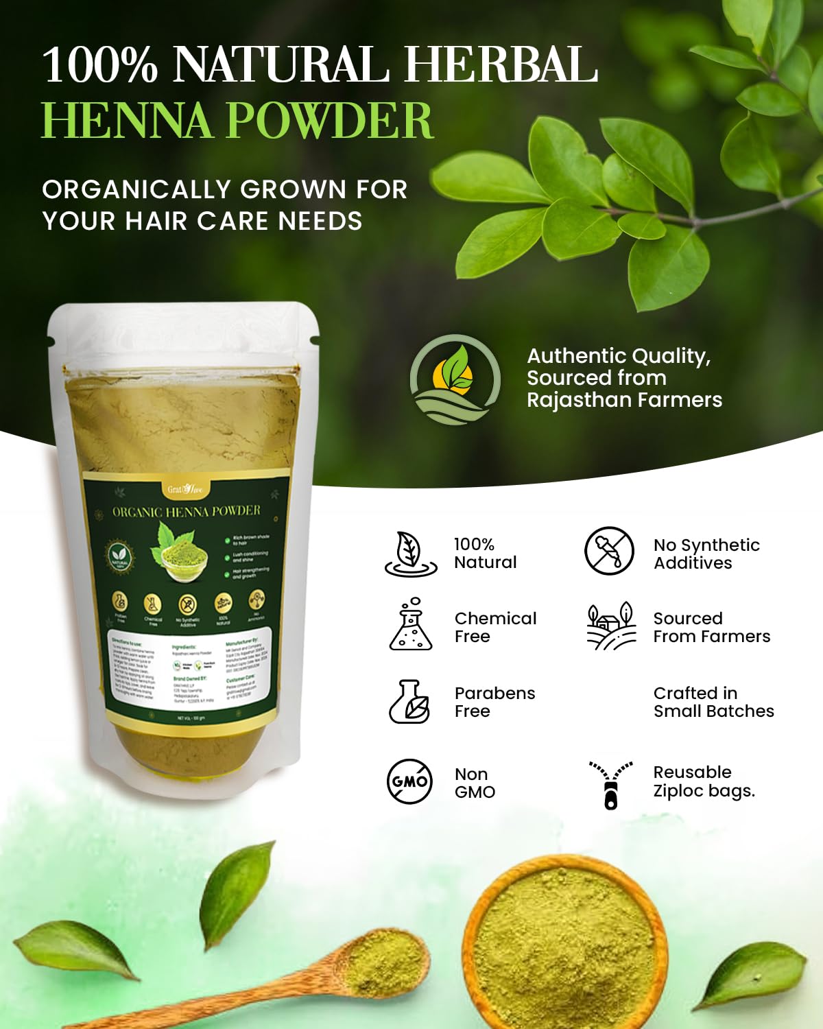GratiHive 100% Organic Henna Powder for Hair. Bio Organic Henna Powder for Hair Color and Hair Care. Mehndi | mehendi for hair and hands. Mehandi powder for hair 200g.