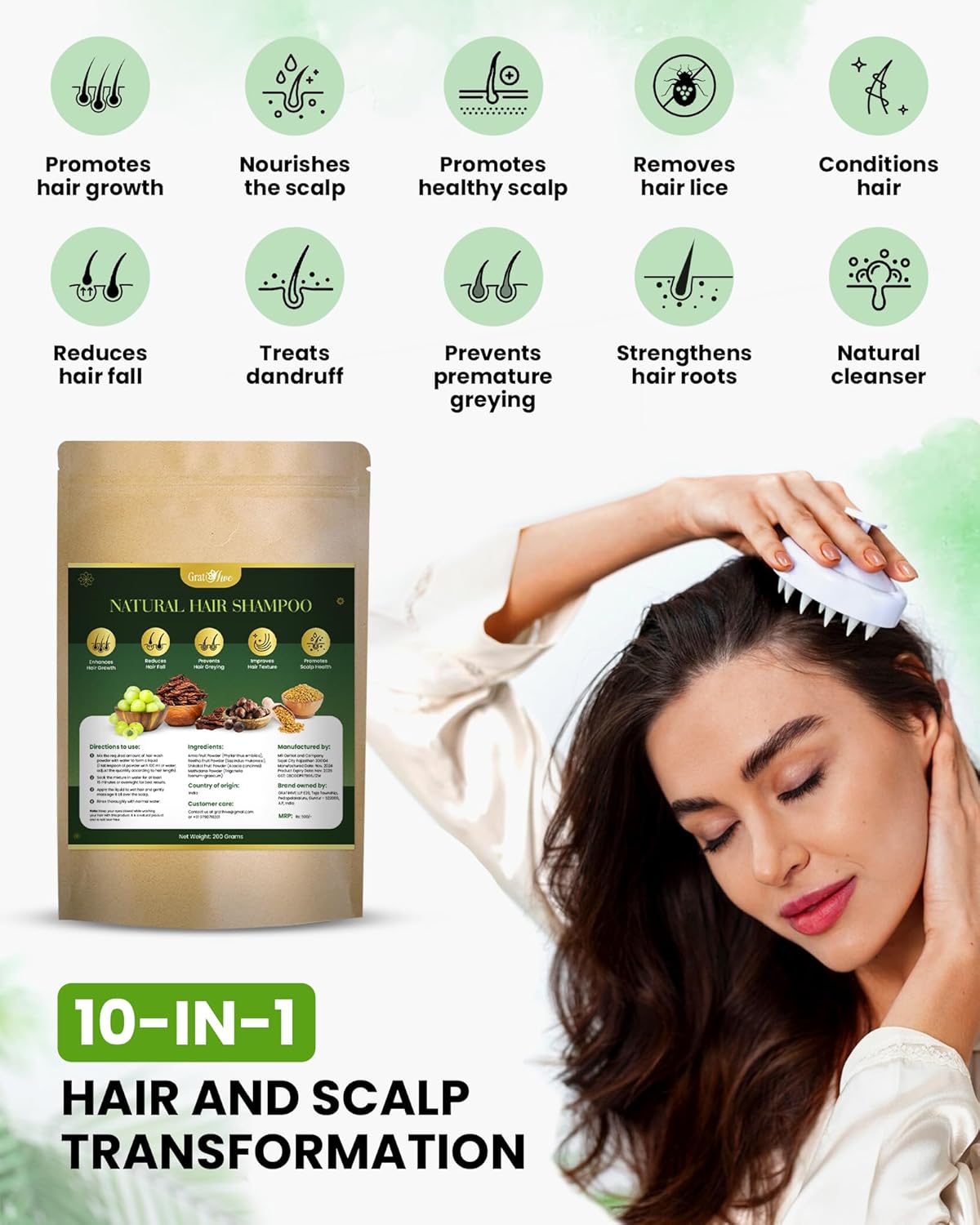 Gratihive Natural Shampoo for Hair Growth – Amla Reetha Shikakai & methi Dana, 100% Organic, Herbal Formula Chemical-Free, Gentle for All Hair Types – Promotes Hair Growth & Scalp Health – 200 Grams