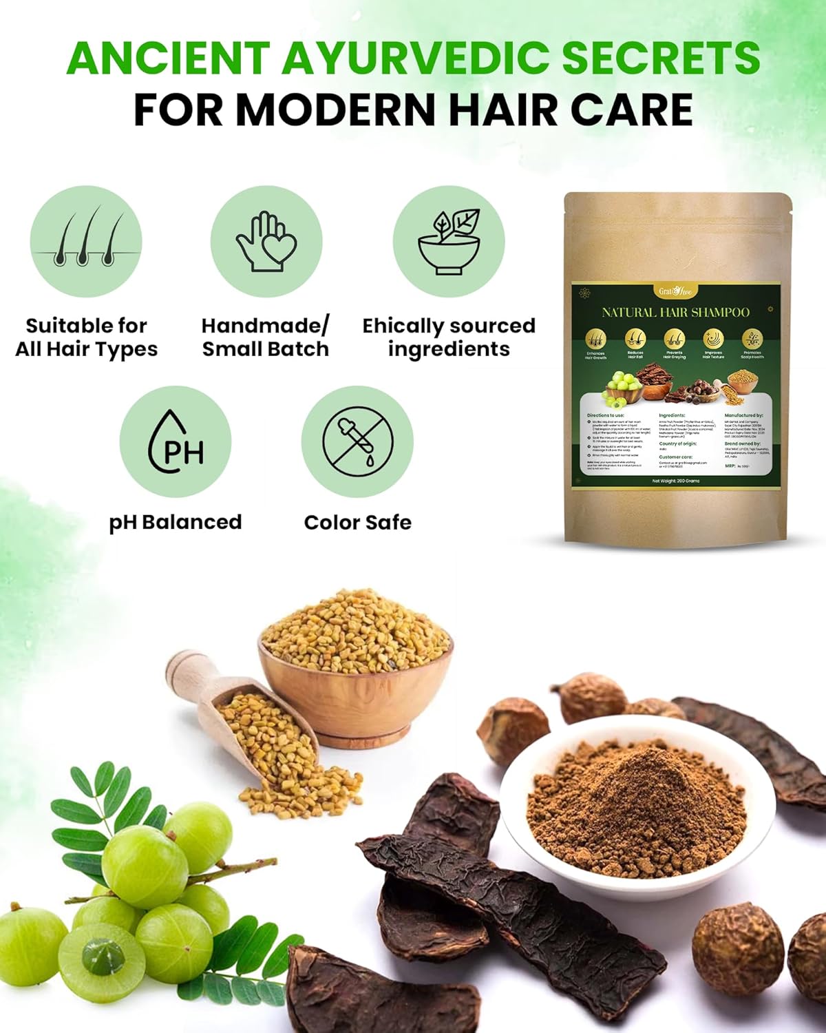 Gratihive Natural Shampoo for Hair Growth – Amla Reetha Shikakai & methi Dana, 100% Organic, Herbal Formula Chemical-Free, Gentle for All Hair Types – Promotes Hair Growth & Scalp Health – 200 Grams