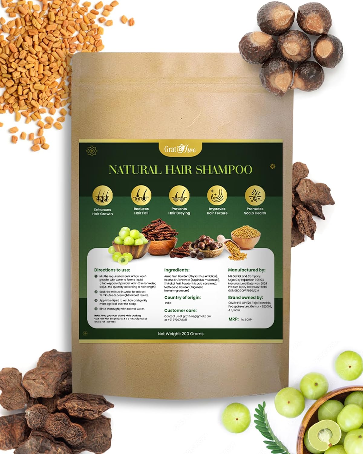 Gratihive Natural Shampoo for Hair Growth – Amla Reetha Shikakai & methi Dana, 100% Organic, Herbal Formula Chemical-Free, Gentle for All Hair Types – Promotes Hair Growth & Scalp Health – 200 Grams